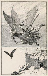 O companheiro de viagem voou atrás dela, dos Contos de Fadas de Hans Anderson, pub 1919 (gravura) de Gordon Frederick Browne