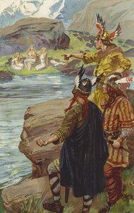 Eles viram na margem do lago, três donzelas sentadas e linho girando (chromolitho) de Gordon Frederick Browne