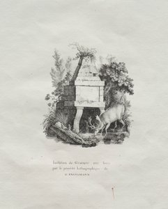 Impressões litográficas Receuil: Uma fonte imitando gravura em madeira, c. 1816.
