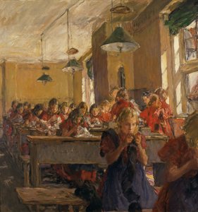 Aula de costura no orfanato (óleo sobre tela)
