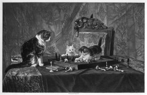 Gatos brincando com um tabuleiro de xadrez.