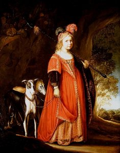 Retrato de uma jovem garota como Diana, em uma clareira com dois galgos
