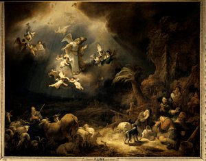 O anúncio aos pastores Pintura por Govaert Flink (1615-1660) (ec.flam.) 1639 Sol. 1,6x1,96 m Paris, Musee du Louvre.