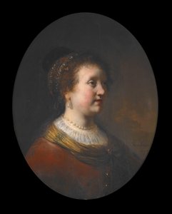 Mulher com vestido vermelho e pérolas de Govaert Flinck