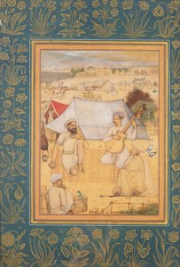 Músicos e cantores se ajoelham nos arredores de um acampamento de Mughal. Um Yogi e um Servo Escute-os, do Álbum Minto, c.1630