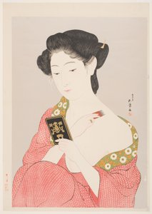 Uma mulher em Nagajuban Pulverizando seu pescoço (impressão em xilogravura colorida em mica prateada)