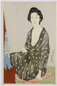 Uma beleza em um quimono preto com padrões brancos de hanabishi, sentado diante de um espelho, 1920 de Goyo Hashiguchi