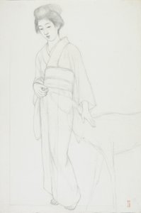 Desenho de mulher acariciando um cervo de Goyo Hashiguchi