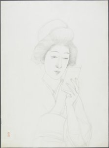 Desenho de uma mulher segurando o espelho de Goyo Hashiguchi