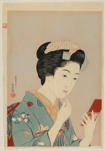 Mulher, aplicando, lábio, rouge, Taisho, era, fevereiro, 1920, (color, woodblock, print)
