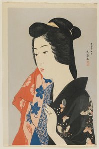 Mulher, segurando, toalha, Taisho, era, outubro, 1920, (color, woodblock, print)
