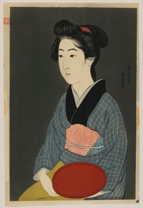 Mulher, segurando, um, bandeja, Taisho, era, janeiro, 1920, (woodblock, impressão cor)