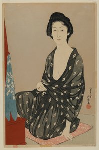 Mulher com vestido de verão, era Taisho, junho de 1920 (impressão em xilogravura colorida)