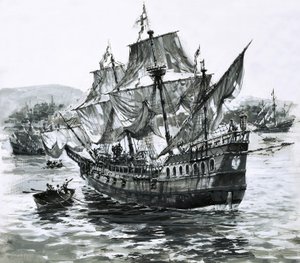 O navio de Drake, o Golden Hind, regressa a Portsmouth com imensas riquezas