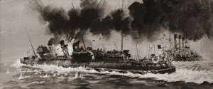 Combate naval não identificado da 1ª Guerra Mundial (guache sobre papel)
