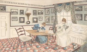 Duas jovens mulheres escrevendo e costurando em um interior em Hatton, Warwickshire, 1820-30. de Granddaughters of Dr. Samuel Parr.
