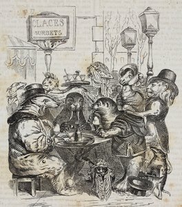 Bestas sentadas na sorveteria, litografia de Giovanni Mariani após caricatura de Jean-Jacques Grandville (1803-1847) de Poliorama Pittoresco, n 24, 21 de janeiro de Grandville