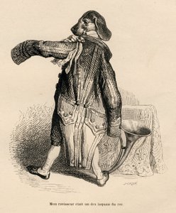 O cão no papel de lacaio de um rei. Vinhetas ilustradas por JJ Granville. Gravura assinada Caque na parte "Histoire d