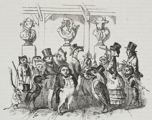 Saída do teatro, caricatura de Jean-Jacques Grandville (1803-1847), litografia de Giovanni Mariani de Poliorama Pittoresco, n 39, 7 de maio de Grandville
