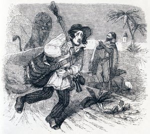 O leão e o caçador - Fábulas de La Fontaine de Grandville
