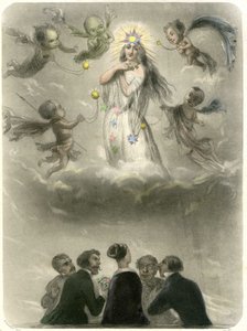 Alegoria de uma jovem rodeada por 4 signos, que se compara a um planeta em torno do qual gravitam quatro satélites, um dos quais se tornará o seu sol. Gravura de Grandville ilustrando um capítulo do livro de Mery: "As Estrelas"