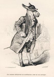 Burro académico encarregue dos livros. Vinhetas ilustradas por JJ Granville. Gravura assinada Caque na parte intitulada "Guide-ane a l