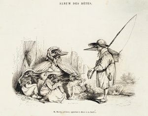 Caricatura de aves do Album des betes de Jean-Ignace-Isidore Gerard, conhecido pelo pseudônimo Jean-Jacques ou J. J. Grandville (1803-1847), e Wilhelm von Kaulbach (1805-1874), Paris de Grandville