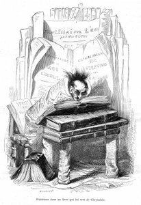 Desenho animado: Crisálida de um académico enterrado nos livros de uma bibliotheca - Gravura de Grandville, extraída do livro "Vida privada e pública dos animais (Les animaux pintés par les memes)", edição Hetzel 1867 p. 563 - Capítulo intitulado Tábuas da