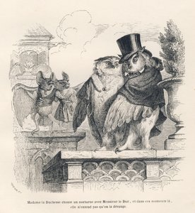 Um morcego a ouvir uma coruja e uma coruja a cantar. Vinhetas ilustradas por JJ Granville. Gravura assinada Breviere na parte intitulada "Souvenirs d