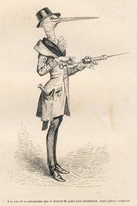 A Cegonha como médica a lidar com um clister. Vinhetas ilustradas por JJ Granville. Gravura assinada por Andrew, Best e Leloir na parte intitulada "Peines de cour d