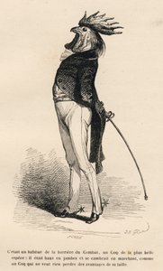Galo acostumado ao campo de batalha barriere orgulhosamente negociando. Vinhetas ilustradas por JJ Granville. Gravura assinada Caque na parte "Histoire d