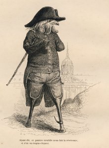 Galo inválido em frente ao hotel dos inválidos em Paris. Vinhetas ilustradas por JJ Granville. Gravura assinada por Andrew, Best e Leloir na parte intitulada "Les animaux medecins", escrita por Pierre Bernard em "Scenes de la vie privee et publique des ani de Grandville