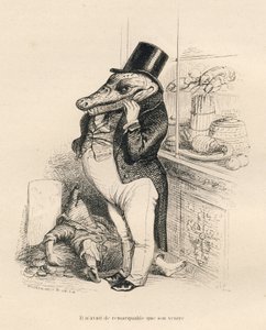 Crododilo vestido como um dândi com uma grande barriga. Vinhetas ilustradas por JJ Granville. Gravura assinada Breviere na parte intitulada "Memoires d
