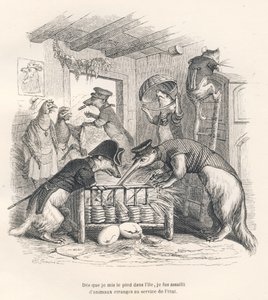 Assim que pus os pés na ilha, fui assaltado por animais estranhos ao serviço do estado. Vinhetas ilustradas por JJ Granville. Gravura assinada Porret na parte intitulada "Voyage d
