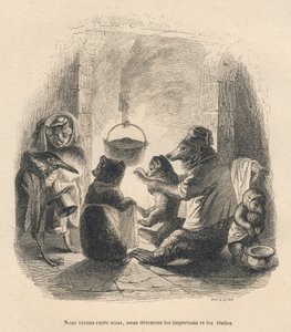 Dois visitantes vêm incomodar a família urso sentado em frente à lareira dentro da qual um pote é pendurado por uma prateleira. Vinhetas ilustradas por JJ Granville. Gravura assinada Breviere na parte intitulada "L