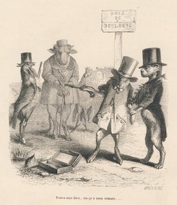 Duelo no Bois de Boulogne. Vinhetas ilustradas por JJ Granville. Gravura assinada Breviere na parte "Histoire d