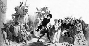 Escritores românticos franceses (Alfred de Vigny, Victor Hugo, Alexandre Dumas, o Pai, Honore de Balzac) que querem entrar na Academia Francesa mas as portas estão fechadas, gravura
