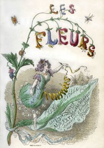 Frontispício do livro "Les Fleurs animees", ilustrado por Grandville, gravura a cores com estêncil. Edição Gonet 1857
