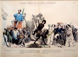 Grande corrida até à torre do sino académico. Os escritores Alfred de Vigny (1797-1863), Eugene Sue (1804-1857) Alexandre Dumas (1802-1870) e Honore de Balzac (1799-1850) são reconhecidos. Gravura de Gerard Grandville (1803-1847) de Grandville