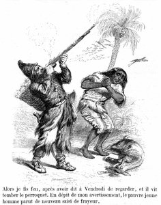 Ilustração do romance Robinson Crusoé de Daniel de Foe (DeFoe) por Grandville - edição Garnier 1869 p193. Robinson dispara com uma espingarda em frente ao frígido Sexta-feira.
