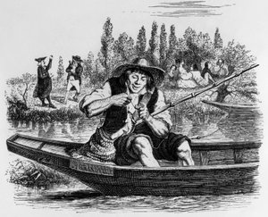 Fábula de La Fontaine (de Jean de La Fontaine) : O peixinho e o pescador, gravura de J.J. Grandville, c. 1838-40
