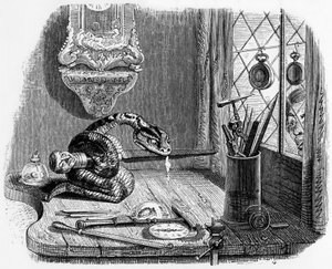 Fábula de La Fontaine (de Jean de La Fontaine): a serpente e a lima, gravura de J.J. Grandville, c. 1838-40