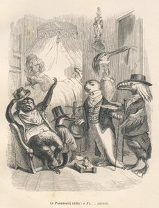 O preguiçoso bocejou que ele estava à espera. Vinhetas ilustradas por JJ Granville. Gravura assinada Godard na parte intitulada "Les animaux medecins" escrita por Pierre Bernard em "Scenes de la vie privee et publique des animaux". Paris, J. Hetzel e Pauli de Grandville