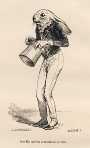 Lebre medrosa em trajes de dança. Vinhetas ilustradas por JJ Granville. Gravura assinada Breviere na parte "Histoire d