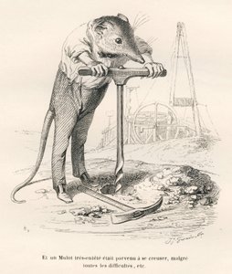 Mulot perfurando o solo. Vinhetas ilustradas por JJ Granville. Gravura assinada Breviere na parte intitulada "Souvenirs d