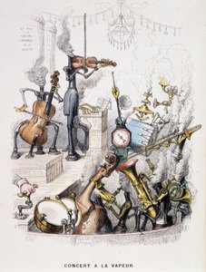 Músicos transformados em máquinas e dando um "Concerto à la steam" - em "Un autre monde" de Grandville, final do século XIX. de Grandville