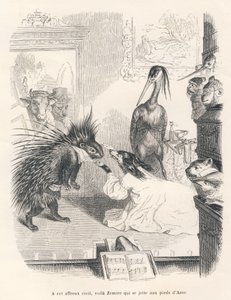 Ópera com um porco-espinho, um cão e uma garça no palco. Vinhetas ilustradas por JJ Granville. Gravura assinada Godard na parte intitulada "Le premier feuilleton de Pistolet" escrita por Jules Janin em "Scenes de la vie privee et publique des animaux". de Grandville