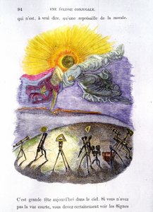 Instrumentos astronómicos personalizados observando um eclipse (beijo da lua e do sol) - em "Outro Mundo" de Grandville de Grandville