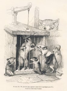 Armadilha : Gato a ver se os ratos vêm chorar por aquele que foi feito prisioneiro. Vinhetas ilustradas por JJ Granville. Gravura assinada por Andrew, Best e Leloir na parte intitulada "Le rat philosophe", escrita por Edouard Lemoine em "Scenes de la vie p de Grandville