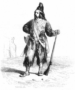 Retrato de Robinson Crusoé na sua ilha deserta com a sua espingarda e as suas armas variadas à cintura - ilustração Grandville do romance de Daniel Defoe (De Foe) - edição Garnier 1869 p 155.
